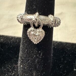 Judith Ripka Sterling Dangling CZ Heart Ring Surrounded by vibrant Diamonique CZ